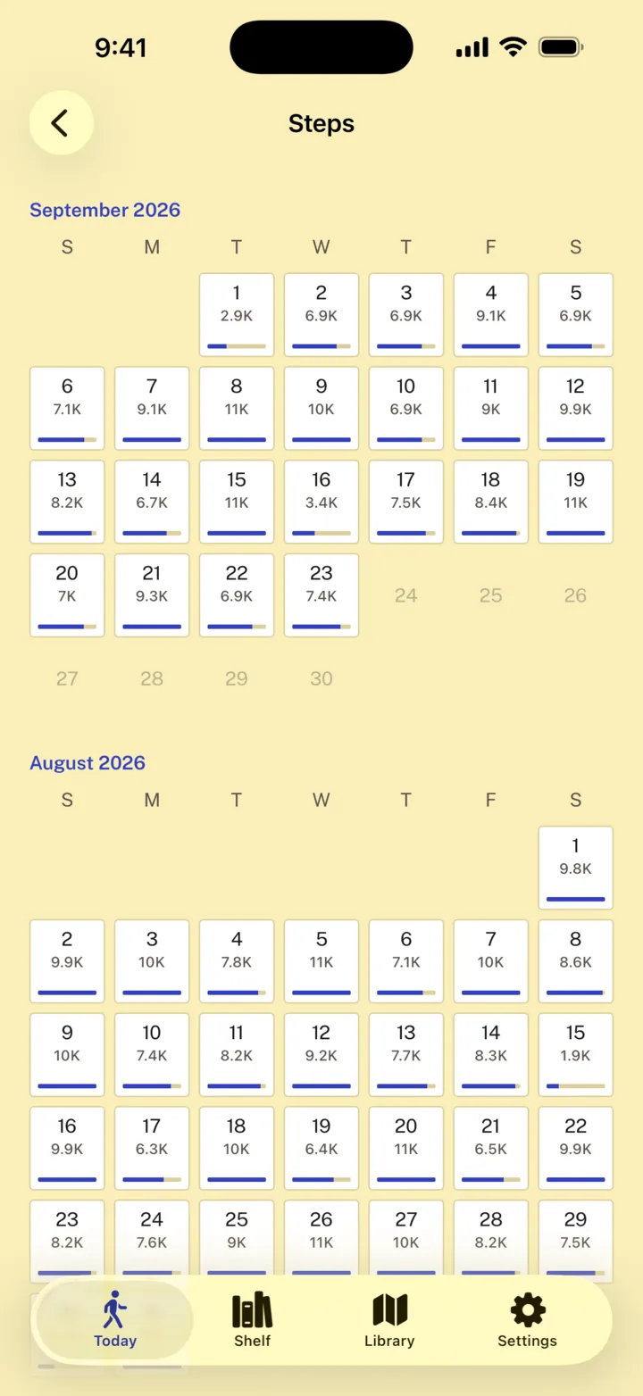 The steps calendar for September and August: most days between 6,000 and 11,000 steps, with a couple of quiet days under 3,000