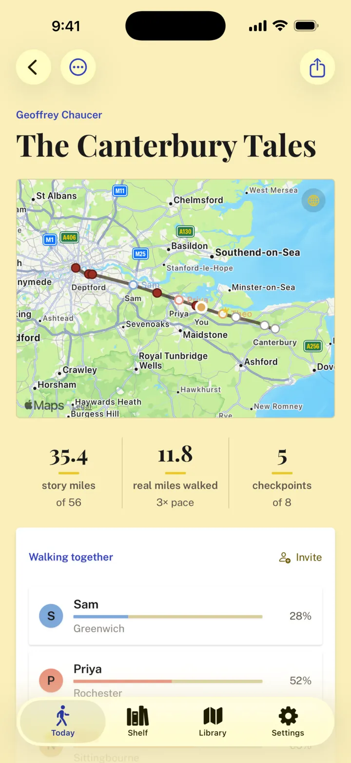 The Canterbury Tales on a real map of Kent with three walkers, Sam, Priya and You, on the same road, and a Walking Together card showing each of their progress