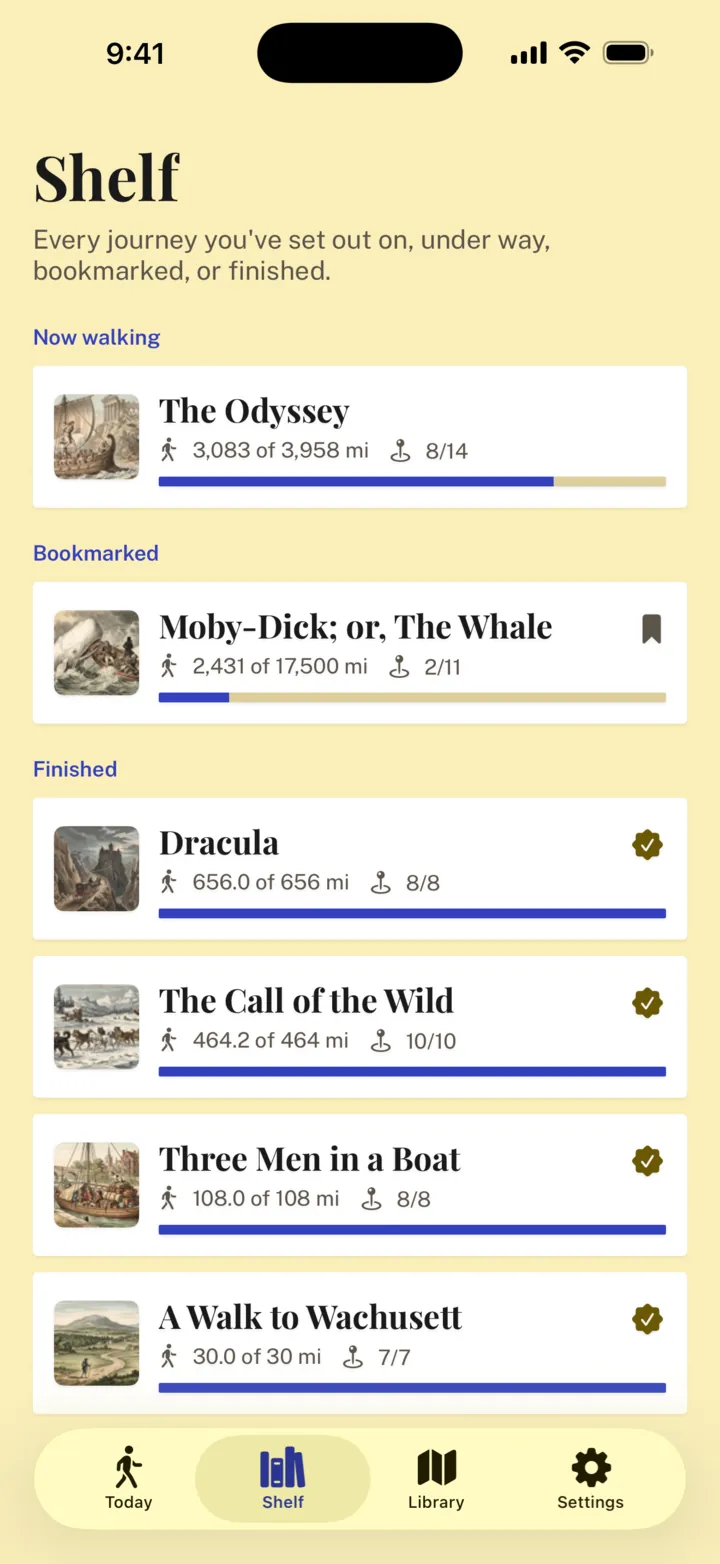 The Shelf: the Odyssey under way, Moby-Dick bookmarked, and Dracula, The Call of the Wild, Three Men in a Boat and A Walk to Wachusett finished