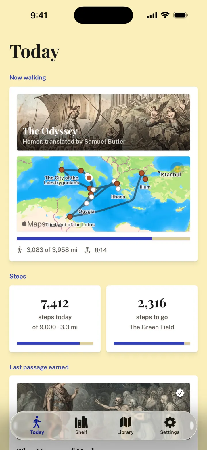 Today screen: the Odyssey under way on a real map of the Aegean, 7,412 of 9,000 steps today, 2,316 steps to go to The Green Field